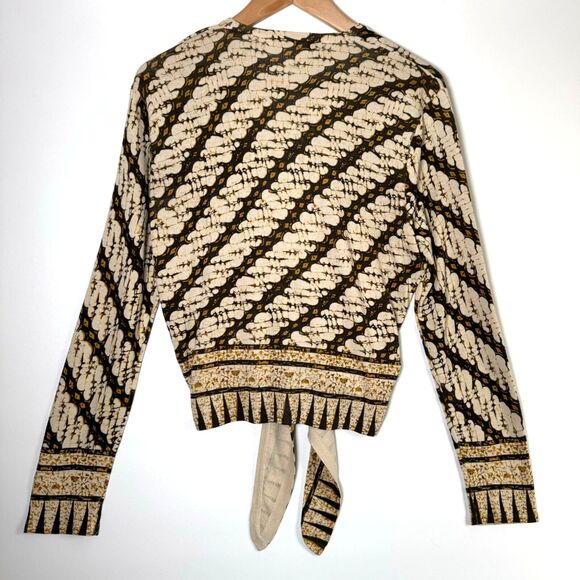 Isabella Bird Anthropologie Silk Cardigan Small Beige Black Geometric Tie Front - Picture 4 of 12